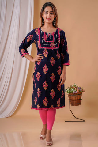 Deep Blue with Pink Flowers Cotton Kurti