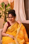 Yellow Pure Cotton Handblock Printed linen Saree