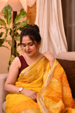 Yellow Pure Cotton Handblock Printed linen Saree