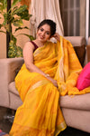 Yellow Pure Cotton Handblock Printed linen Saree