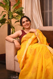 Yellow Pure Cotton Handblock Printed linen Saree