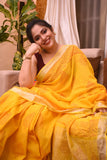 Yellow Pure Cotton Handblock Printed linen Saree