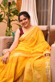 Yellow Pure Cotton Handblock Printed linen Saree