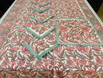 Ferozi Peach Mix Cotton Handblock Printed 6 seater Dining table cover with 6 full printed Napkins