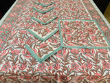 Ferozi Peach Mix Cotton Handblock Printed 6 seater Dining table cover with 6 full printed Napkins