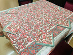 Ferozi Peach Mix Cotton Handblock Printed 6 seater Dining table cover with 6 full printed Napkins
