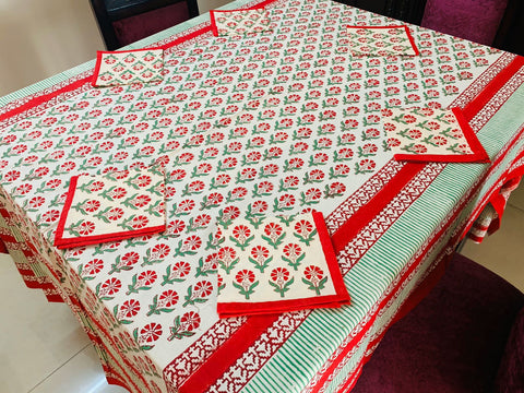 Red Floral Cotton Handblock Printed 6 seater Dining table cover with 6 full printed Napkins