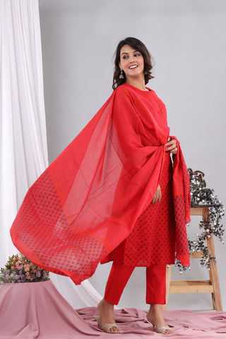 Red Mirchi Cotton Suit with Cotton Dupatta