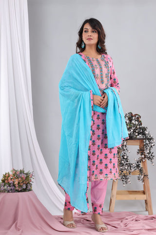 Baby Pink Cotton Suit with ferozi Cotton Dupatta