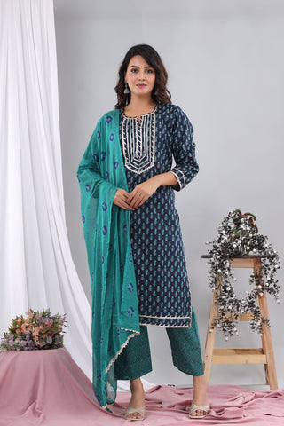 Mehndi Cotton Suit with Cotton Dupatta