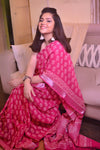 Hot Pink Pure Cotton Handblock Printed linen Saree