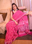 Hot Pink Pure Cotton Handblock Printed linen Saree