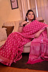 Hot Pink Pure Cotton Handblock Printed linen Saree