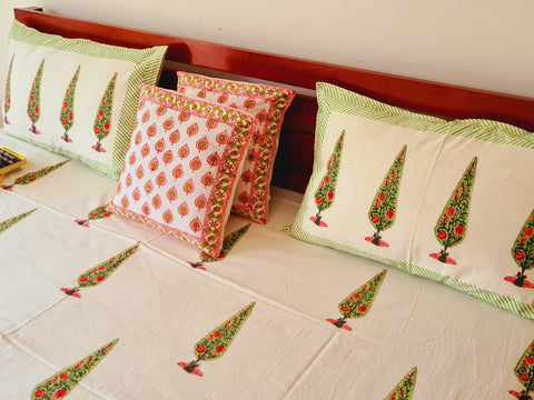 Gharonda Green Floral Motifs - Hand Block Printed Double Bedsheet (90 X108 Inch)
