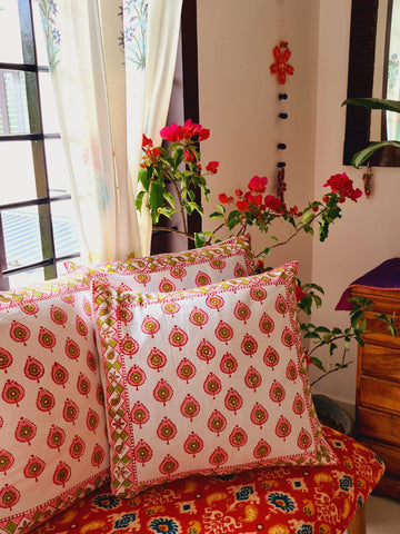 Gharonda Tuti fruity - Hand Block Printed Cushion Covers (16 X16 Inch; Set of 5)