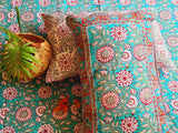 Gharonda Turquoise - Hand Block Printed Double Bedsheet (90 X108 Inch)