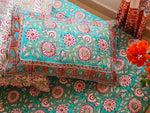 Gharonda Turquoise - Hand Block Printed Double Bedsheet (90 X108 Inch)