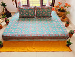 Gharonda Turquoise - Hand Block Printed Double Bedsheet (90 X108 Inch)