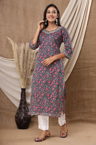 Naari Grey Pink Floral  Cotton Kurti
