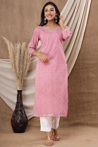 Naari Baby Pink Floral  Cotton Kurti