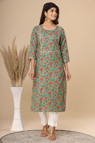 Naari Dark Green Floral  Cotton Kurti