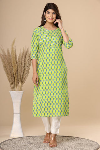 Naari Parrot Green Floral  Cotton Kurti