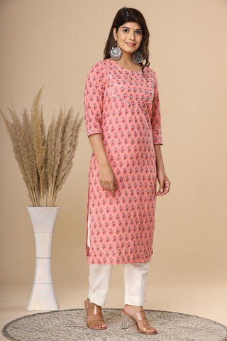 Naari Pink and Red Floral  Cotton Kurti