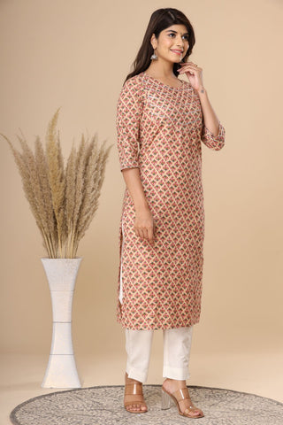 Naari Creamy Floral Motifs  Cotton Kurti
