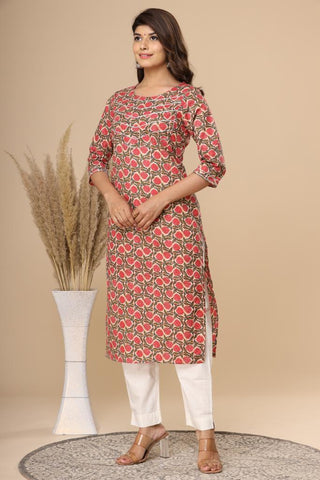 Naari Floral Peach Jaal Cotton Kurti