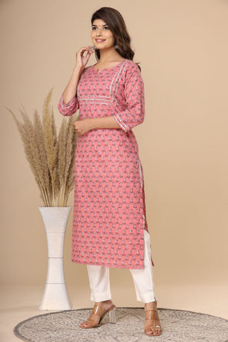 Naari Bubble Gum Pink  Floral  Cotton Kurti