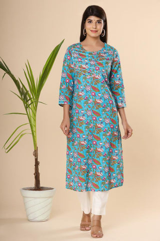Naari Blue Floral  Cotton Kurti