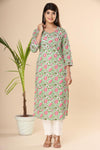 Naari Light Green Pink Floral  Cotton Kurti