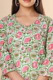 Naari Light Green Pink Floral  Cotton Kurti