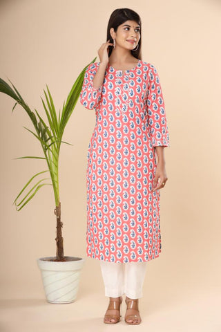 Naari Peach Blue Motifs Cotton Kurti