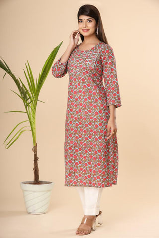Naari Peach Blue Red Jaal Cotton Kurti