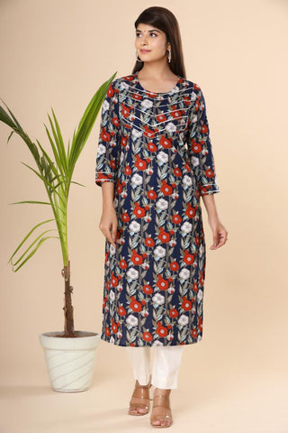 Naari Dark Blue Floral Cotton Kurti