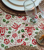 Alankar Red Floral Cotton Handblock Printed 6 seater Dining table cover with 6 full printed Napkins