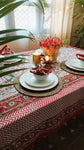 Alankar Red Floral Cotton Handblock Printed 6 seater Dining table cover with 6 full printed Napkins