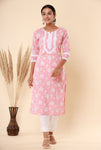Naari Peach White Cotton Kurti