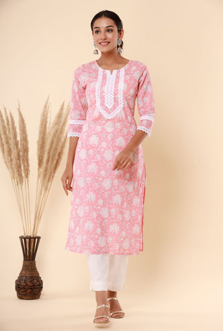 Naari Peach White Cotton Kurti