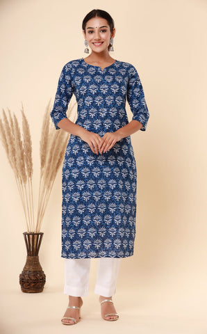 Naari Indigo white Flowers Cotton Kurti
