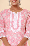 Naari Peach White Cotton Kurti