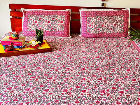 Alankar Pink Floral Cotton  Double Bedsheet (90 X108 Inch)