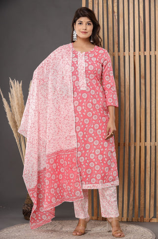 Naari Peach Cotton Suit with Cotton Dupatta