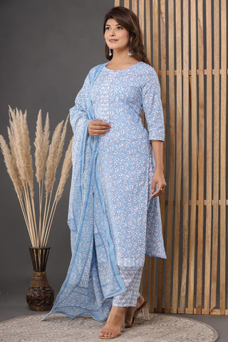 Naari Blue Cotton Suit with Cotton Dupatta