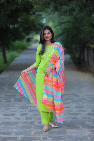 Naari Parrot Green Cotton Suit with kota Doriya Dupatta