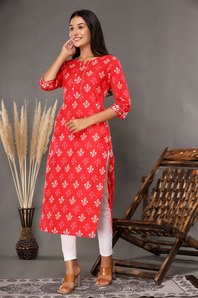 Women's Printed Red Kurta Palazzo Set - Geeta Fashion | Cotton kurti  designs, Red kurta, Bell sleeves