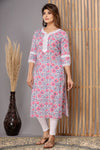 Snowhite  Pink Grey   Floral  Cotton Kurti