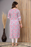 Snowhite  Pink Grey   Floral  Cotton Kurti