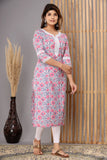 Snowhite  Pink Grey   Floral  Cotton Kurti